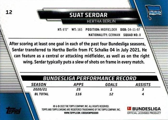 2021 Topps Chrome Bundesliga Suat Serdar #12 Hertha BSC Berlin
