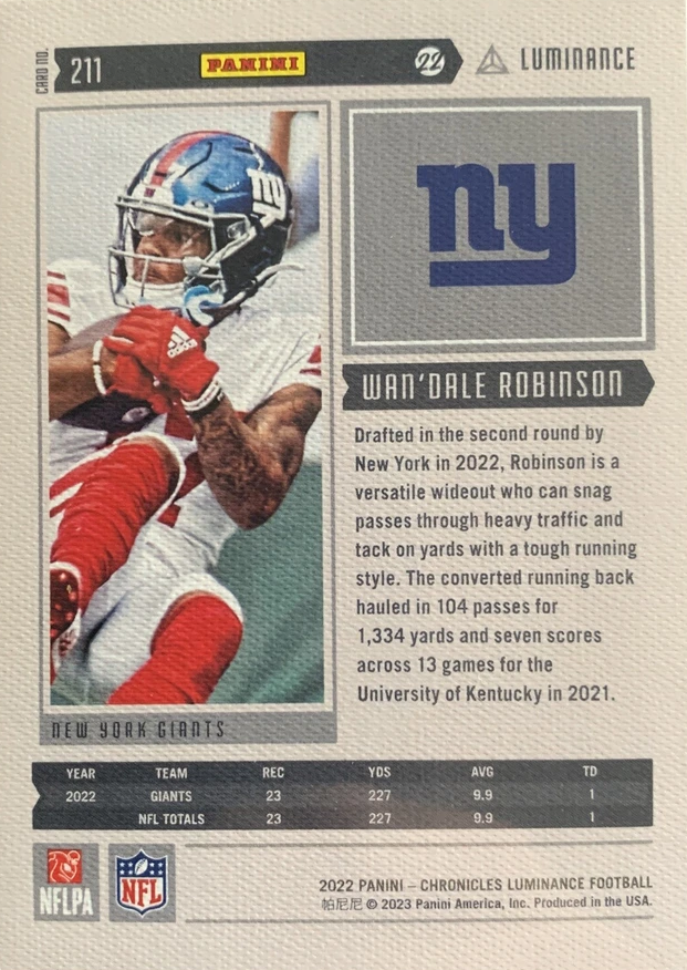 2022 Panini Chronicles Luminance Update Rookies Bronze RC Wan'Dale Robinson #211 New York Giants