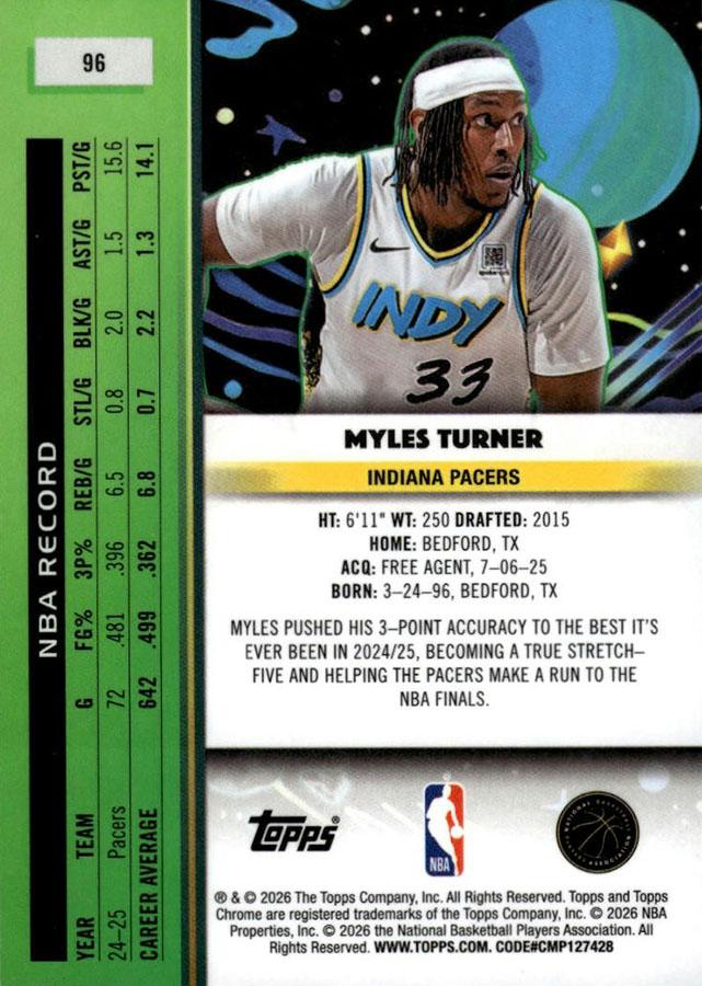 2025 Topps Chrome Cosmic Myles Turner #96 Indiana Pacers