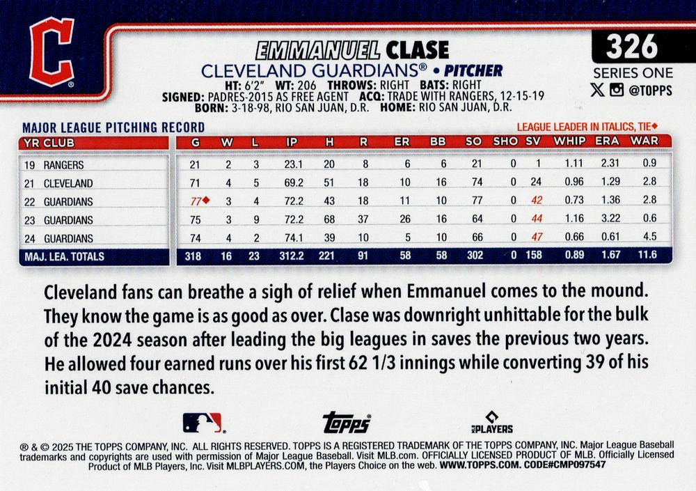 2025 Topps Series 1 Holo Foil Emmanuel Clase #326 Cleveland Guardians