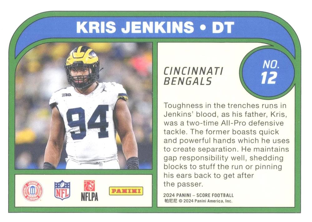 2024 Panini Score Football Protential Kris Jenkins Cincinnati Bengals #12 RC