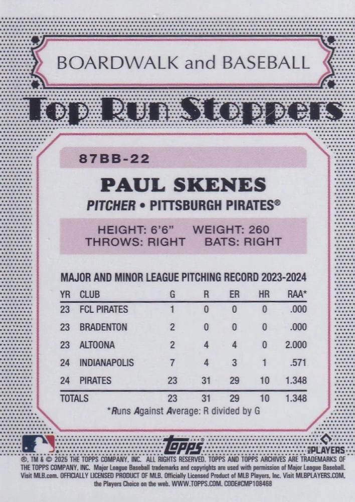 2025 Topps Archives 1987 Topps Boardwalk And Baseball Paul Skenes #87BB-22 Pittsburgh Pirates