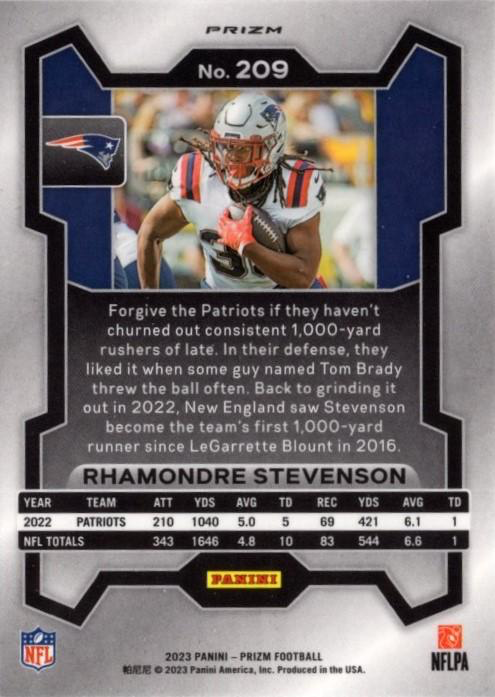 2023 Panini Prizm Red White and Blue Rhamondre Stevenson New England Patriots #209