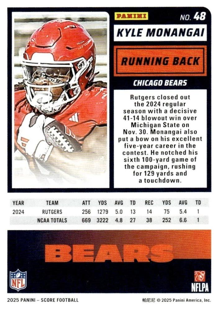 2025 Panini Score Kyle Monangai RC #48 Chicago Bears
