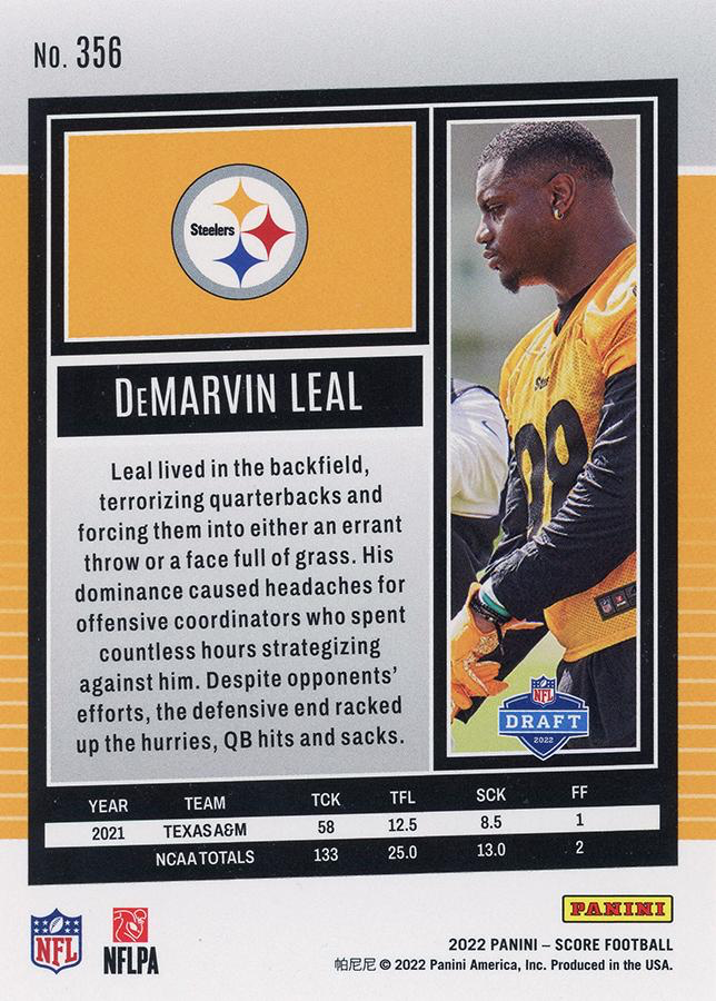 2022 Panini Score DeMarvin Leal RC Pittsburgh Steelers #356