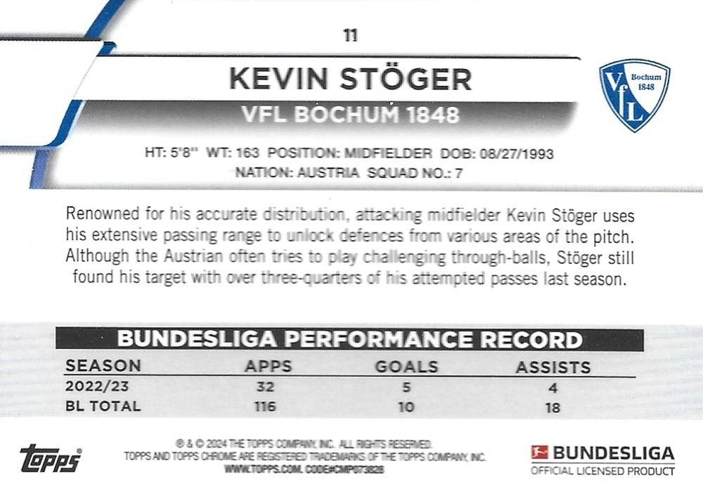 2023 Topps Chrome Bundesliga Kevin Stoger #11 VfL Bochum 1848