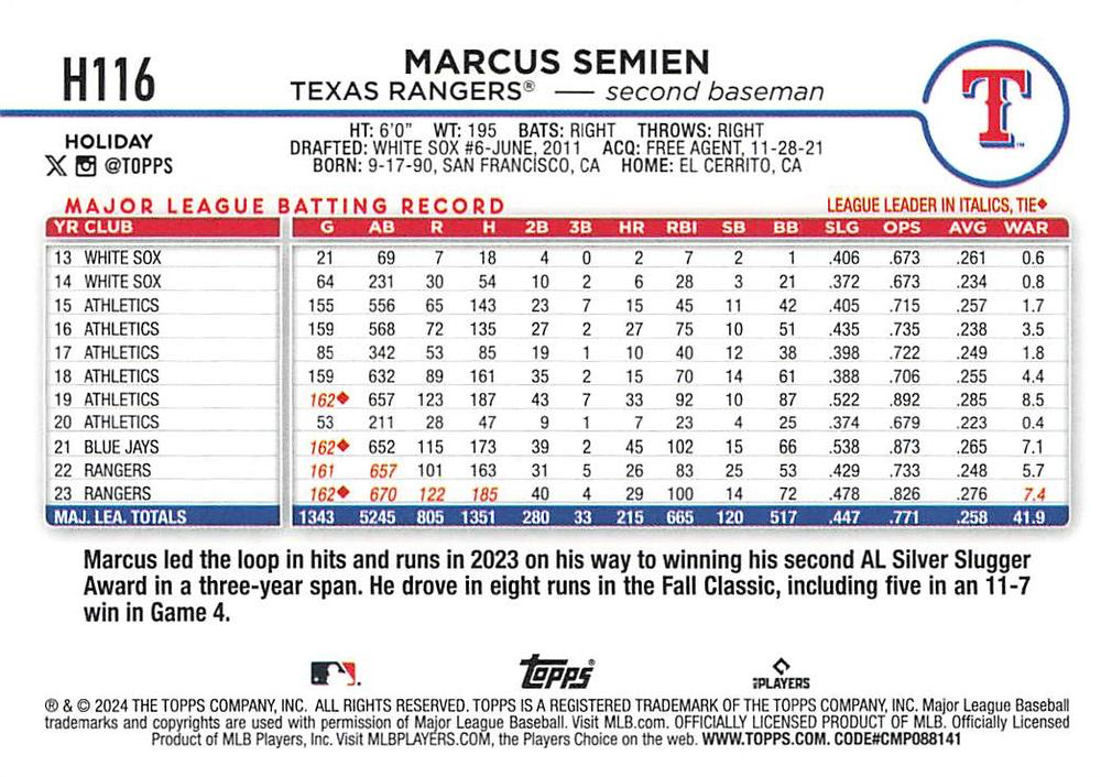 2024 Topps Holiday Marcus Semien Texas Rangers #H116