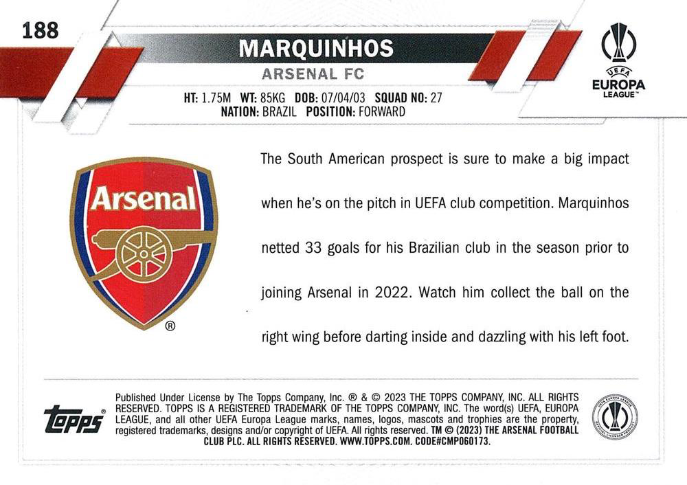 2022 Topps Chrome UCC Marquinhos RC #188 Arsenal