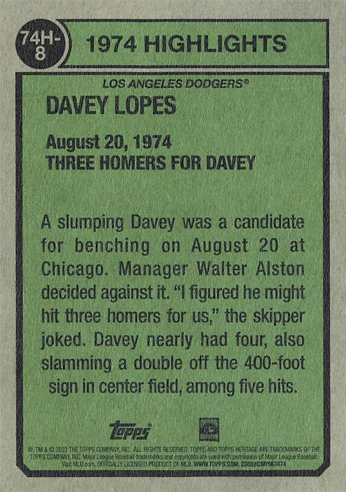 2023 Topps Heritage 1974 Highlights Davey Lopes Los Angeles Dodgers #74H-8