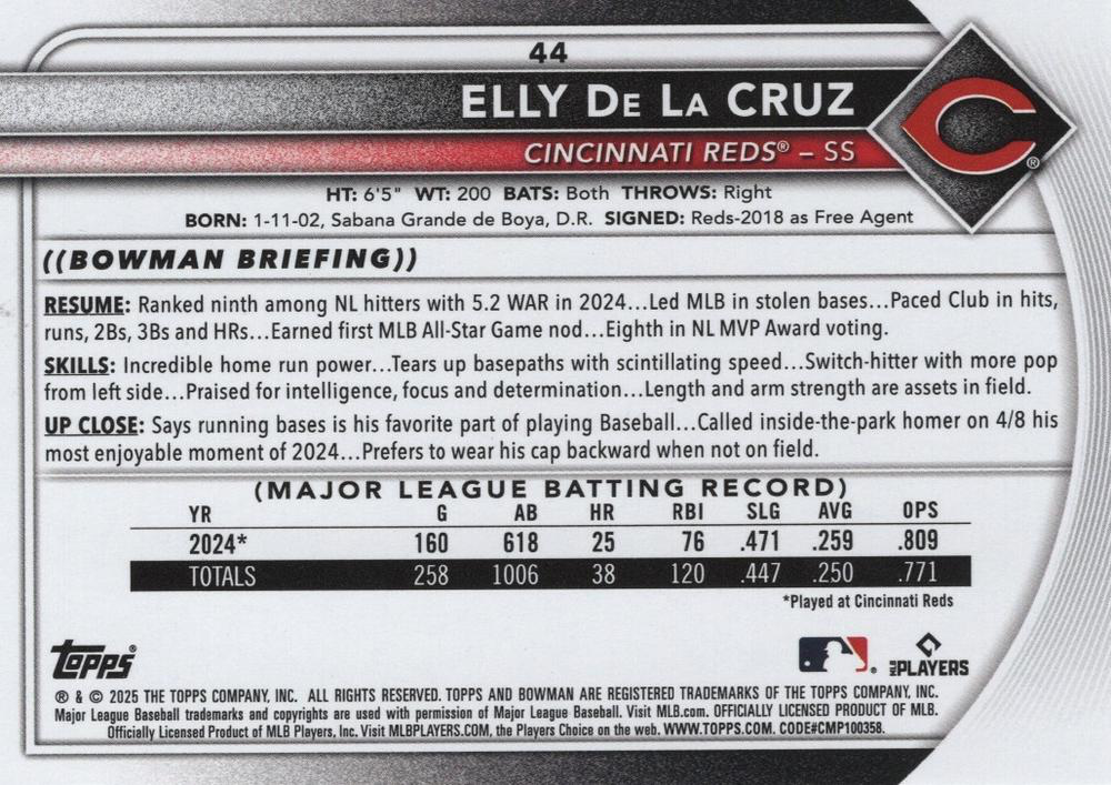 2025 Topps Bowman Elly De La Cruz Cincinnati Reds #44