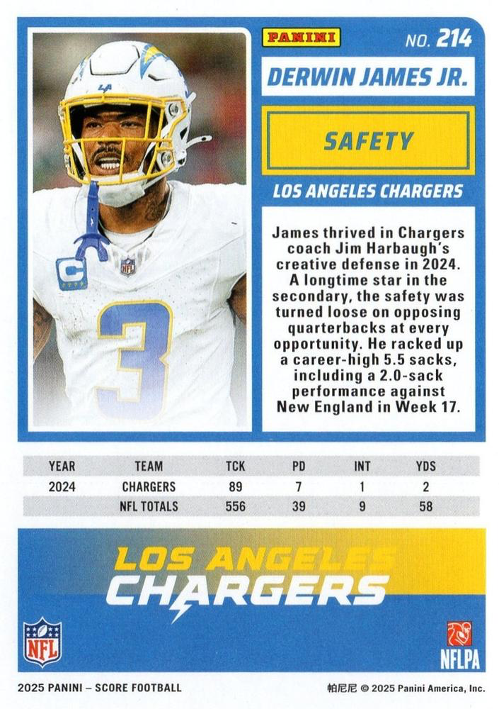 2025 Panini Score Derwin James Jr. #214 Los Angeles Chargers