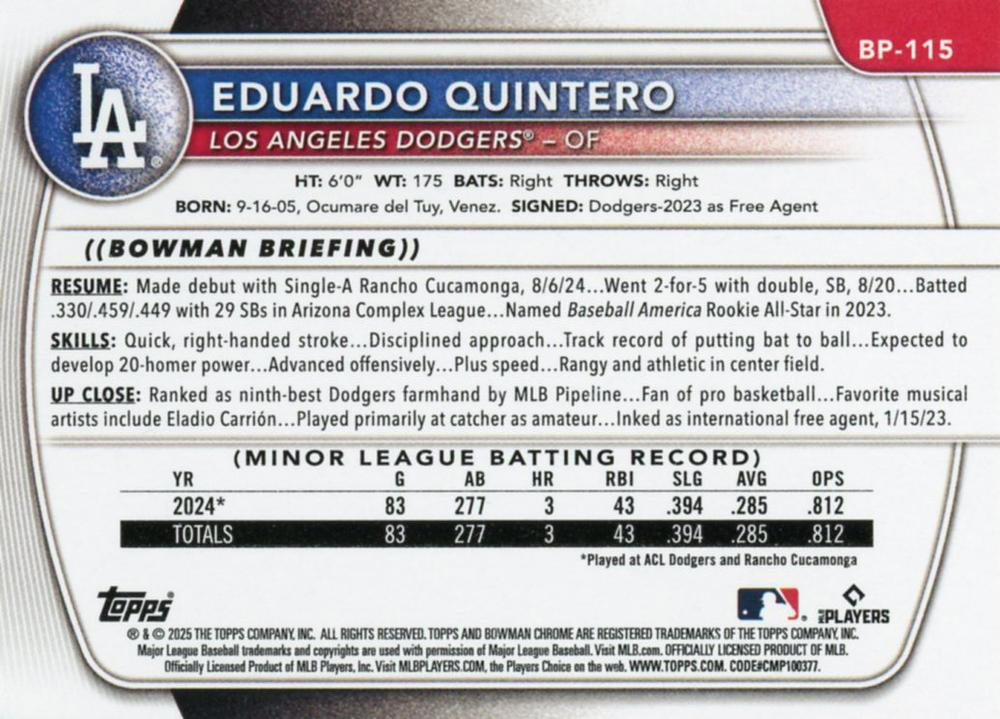 2025 Topps Bowman Paper Prospects Eduardo Quintero 1st Los Angeles Dodgers #BP-115