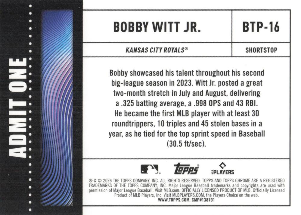 2026 Topps Chrome Big Ticket Players Bobby Witt Jr. #BTP-16 Kansas City Royals