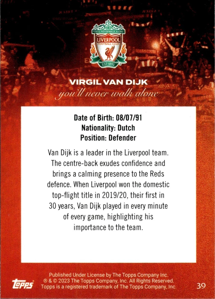 2023 Topps Liverpool Team Set Virgil Van Dijk YNWA #39 Liverpool