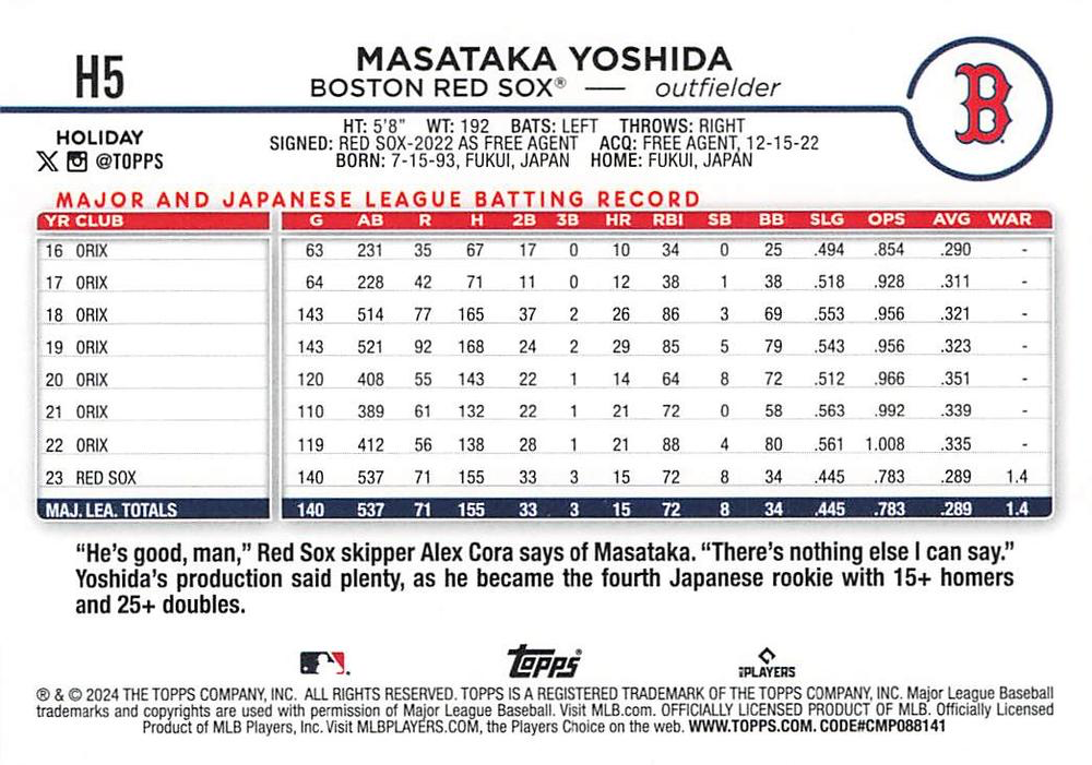 2024 Topps Holiday Masataka Yoshida ASR Boston Red Sox #H5