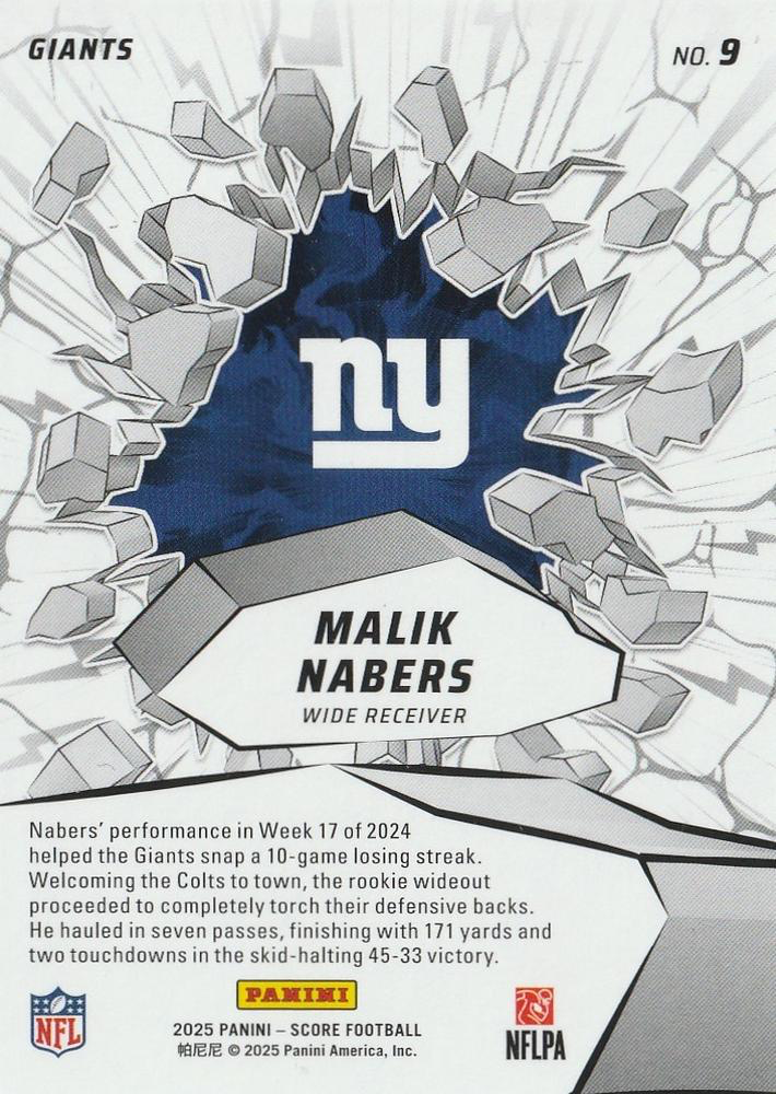 2025 Panini Score Emerged Malik Nabers #9 New York Giants