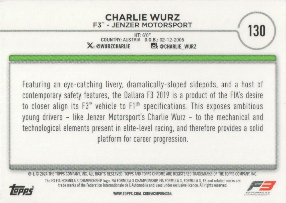2024 Topps Chrome Formula 1 Charlie Wurz F3C #130 Jenzer Motorsport