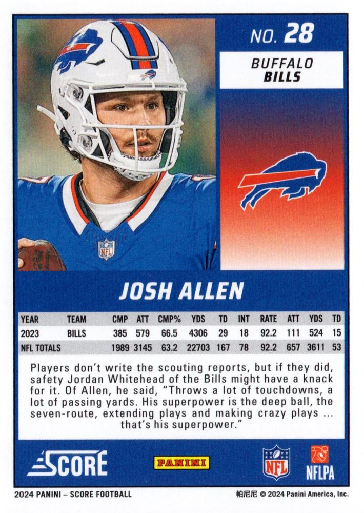 2024 Panini Score Football Josh Allen Buffalo Bills #28