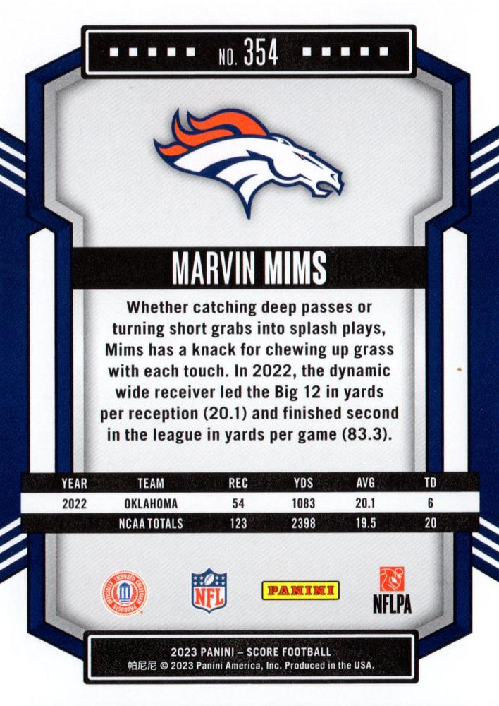 2023 Panini Score Football Marvin Mims Denver Broncos #354 RC