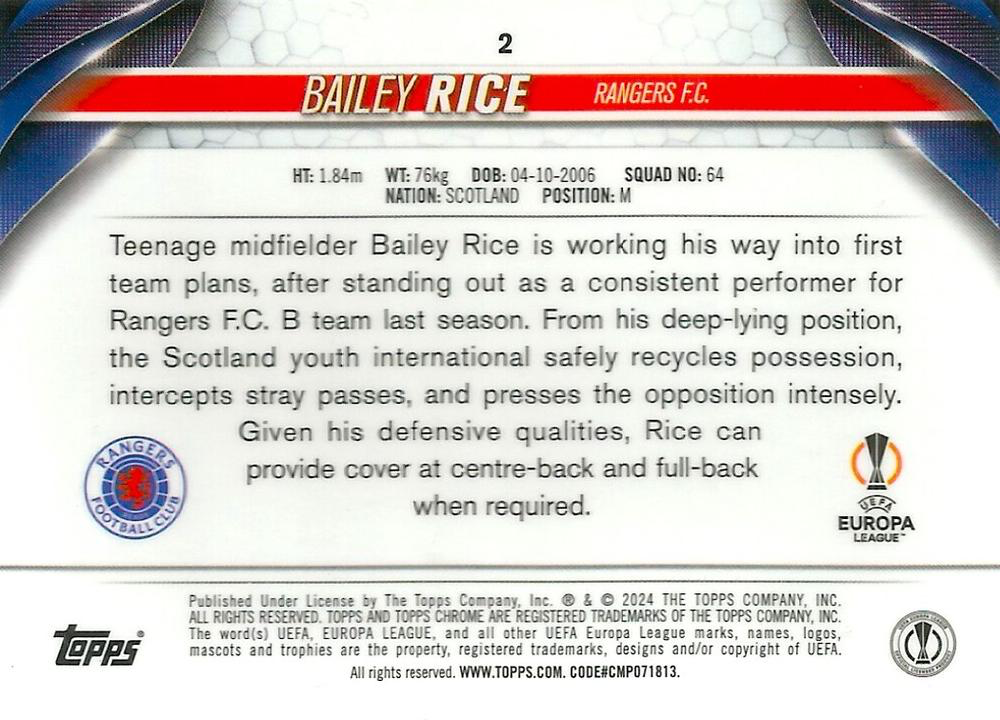 2023 Topps Chrome UEFA Club Competitions Bailey Rice RC #2 Glasgow Rangers