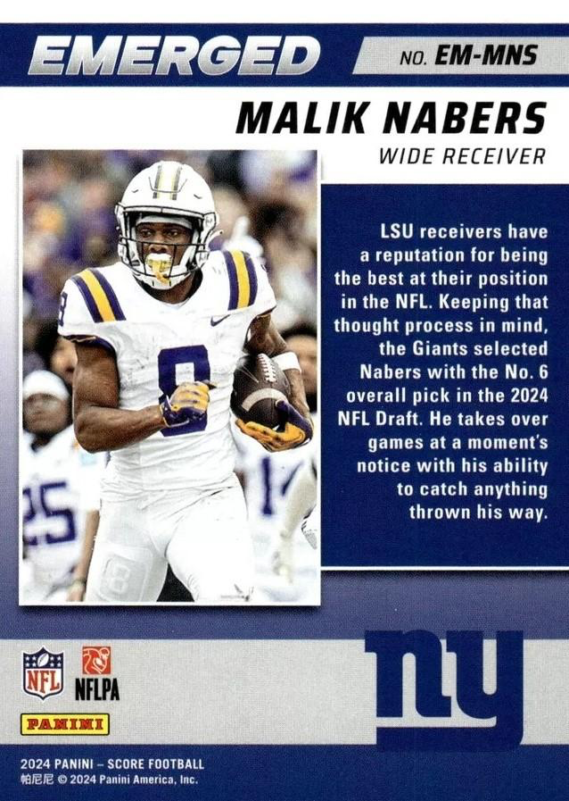 2024 Panini Score Football Emerged Malik Nabers New York Giants #EM-MNS RC