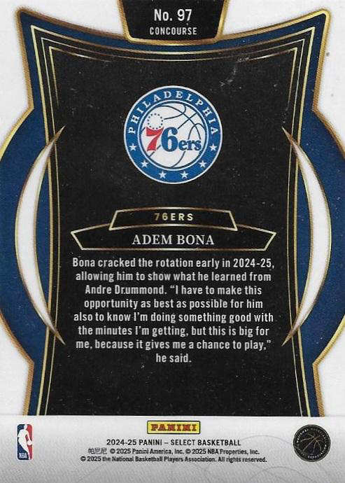 2024 Panini Select Adem Bona RC Blue #97 Philadelphia 76ers
