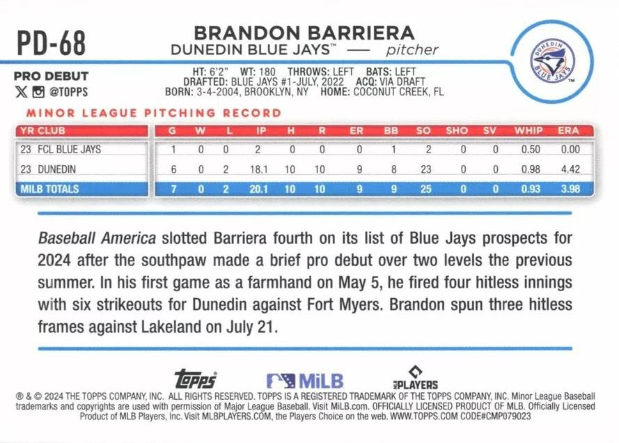 2024 Topps Pro Debut Brandon Barriera #PD-68 Dunedin Blue Jays