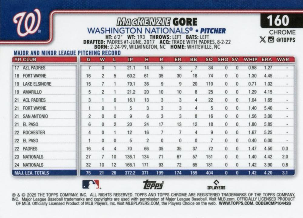 2025 Topps Chrome MLB MacKenzie Gore #160 Washington Nationals