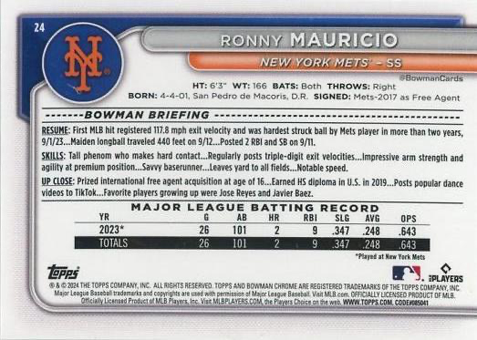 2024 Topps Bowman Chrome Ronny Mauricio RC New York Mets #24
