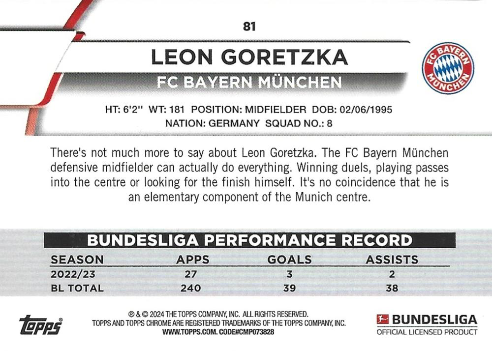 2023 Topps Chrome Bundesliga Leon Goretzka #81 FC Bayern Munich