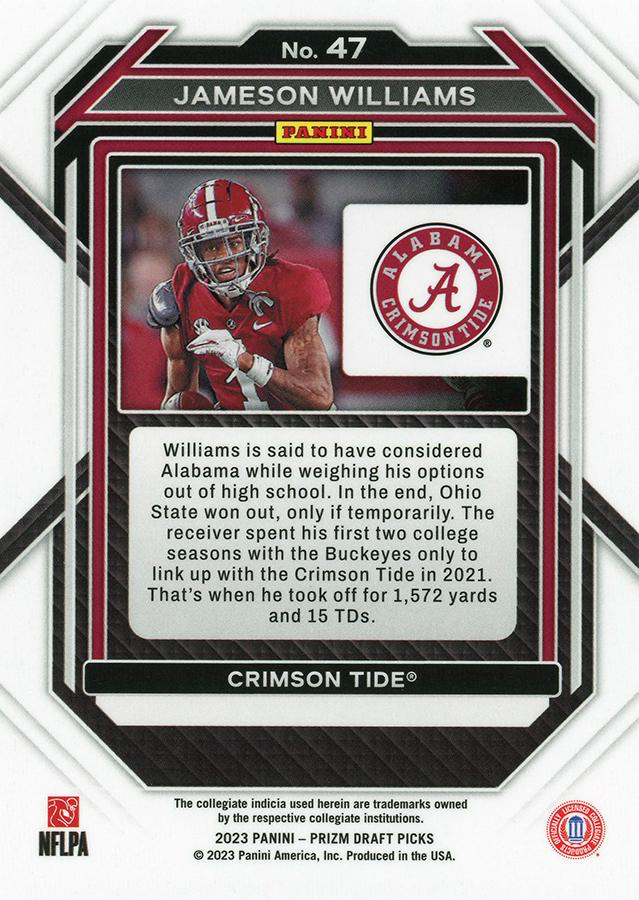 2023 Panini Prizm Draft Picks Jameson Williams #47 Alabama Crimson Tide