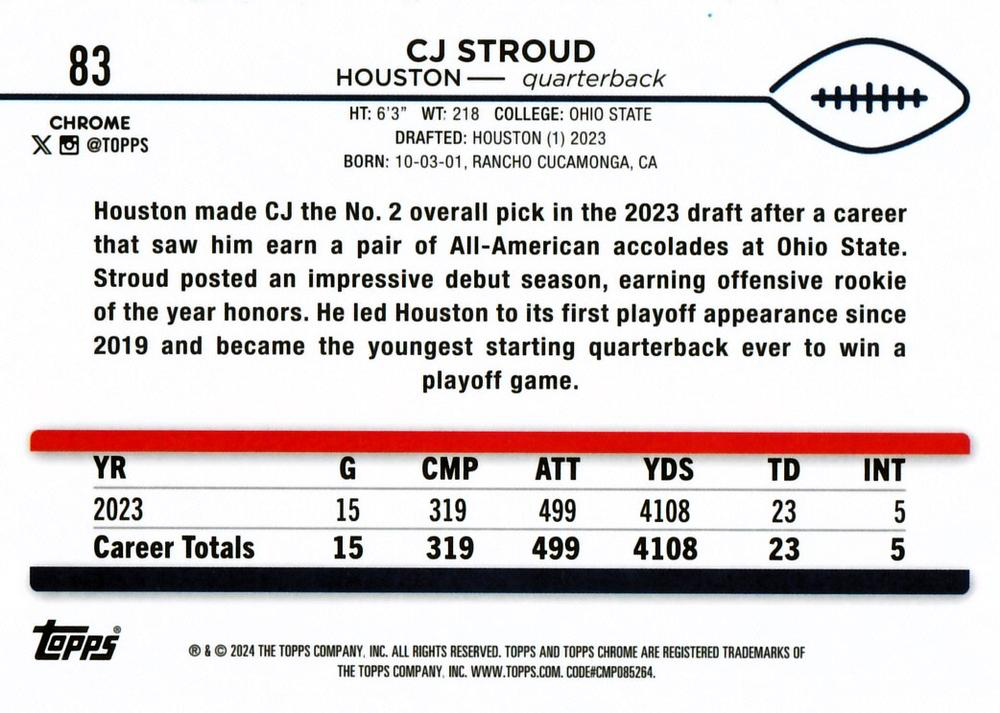 2024 Topps Chrome Football CJ Stroud #83 Houston Texans