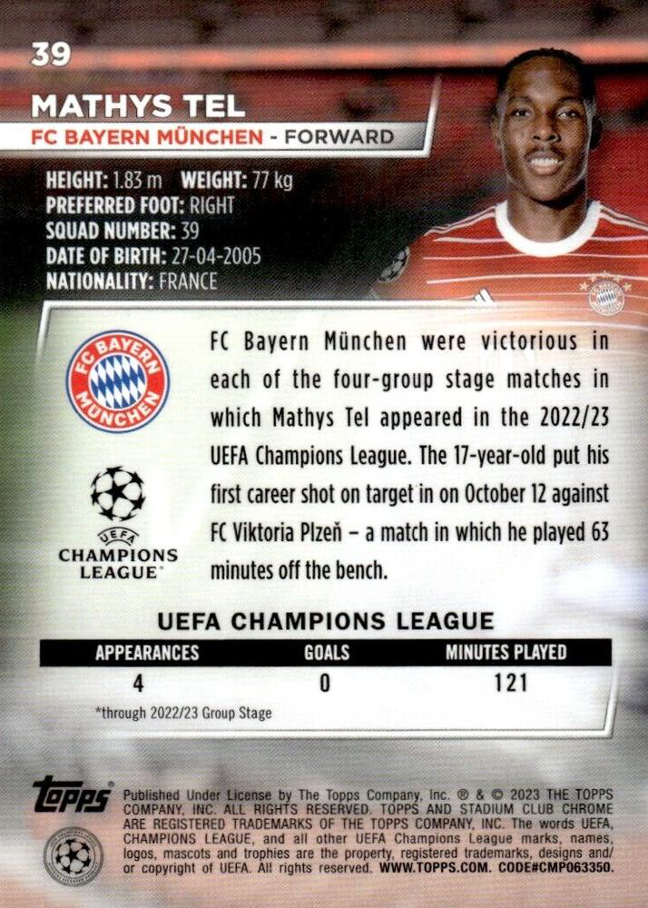 2022 Topps Stadium Club Chrome UCC Mathys Tel #39 FC Bayern Munchen