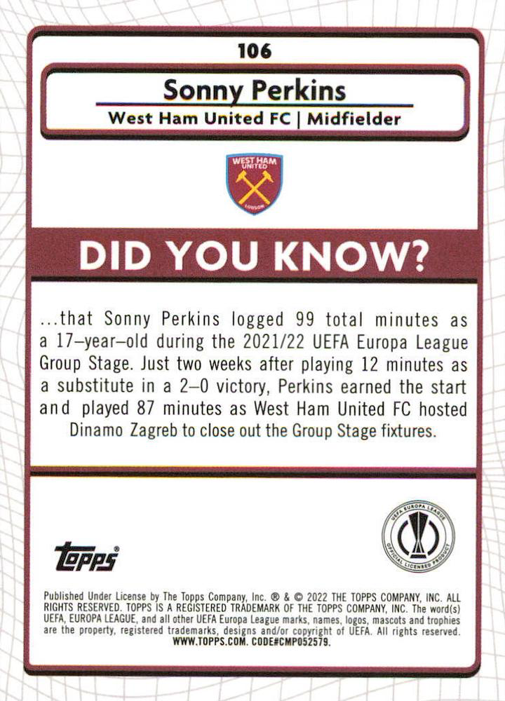 2021 Topps Merlin UEFA Club Competitions Sonny Perkins RC #106 West Ham United