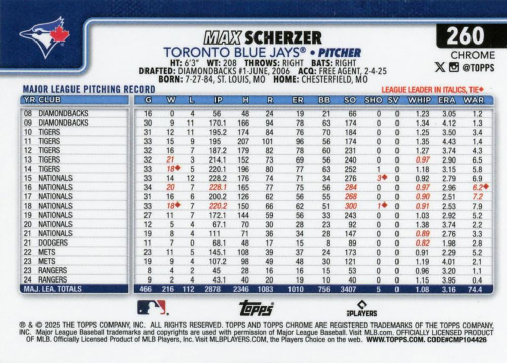 2025 Topps Chrome MLB Max Scherzer #260 Toronto Blue Jays