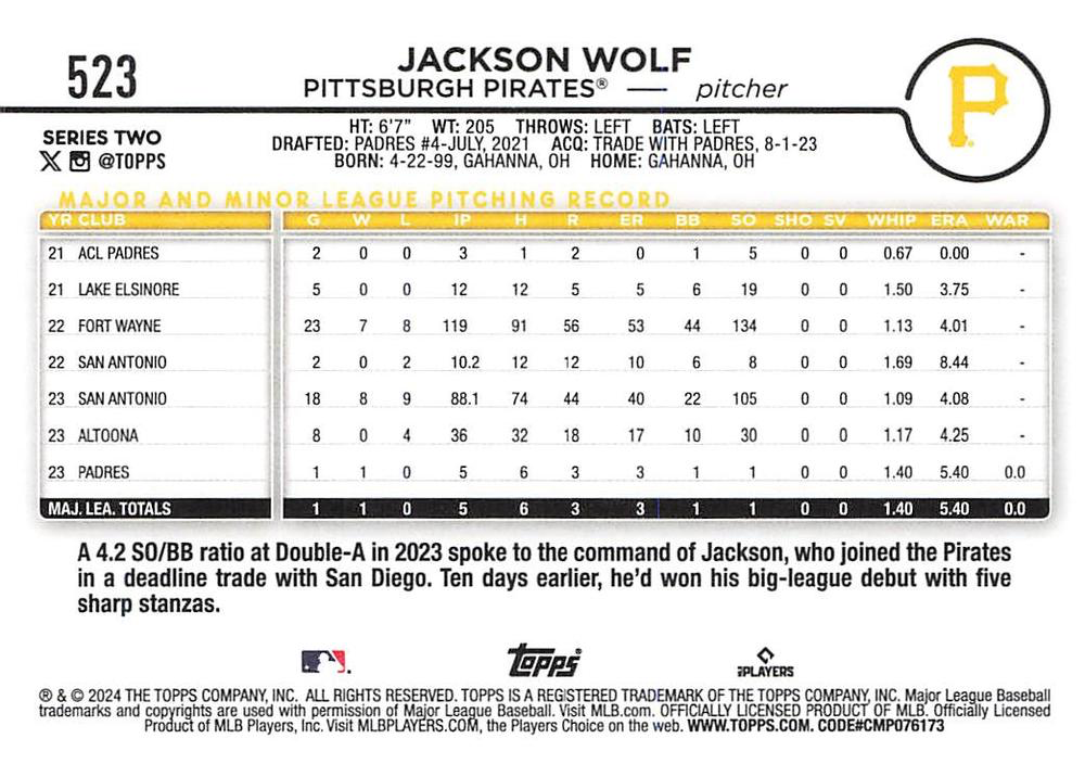2024 Topps Series 2 Jackson Wolf RC Pittsburgh Pirates #523