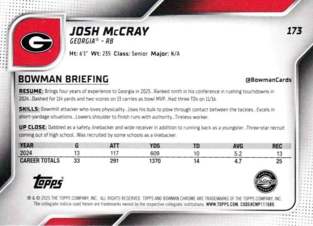 2025 Topps Bowman U Chrome Josh McCray 1st #173 Georgia Bulldogs