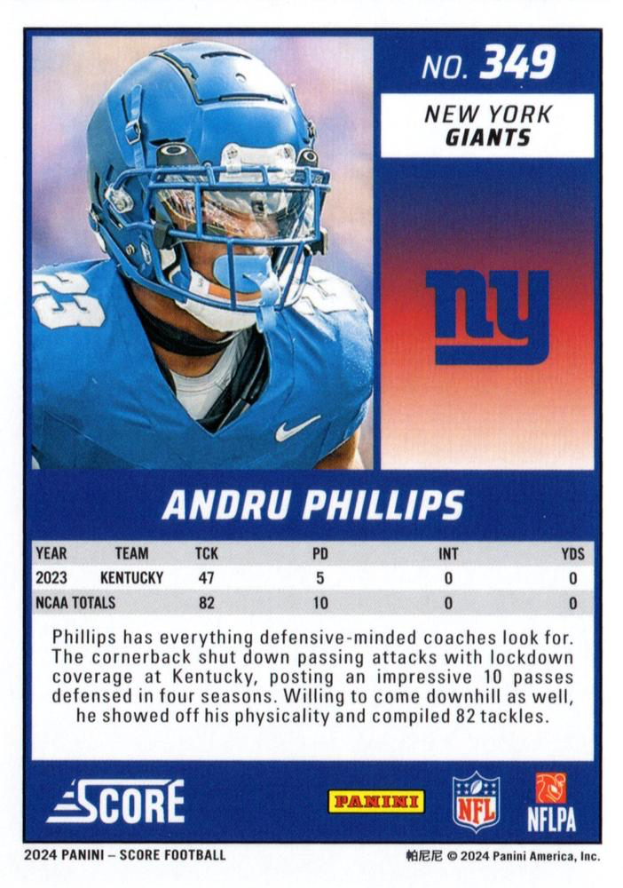 2024 Panini Score Football Andru Phillips New York Giants #349 RC