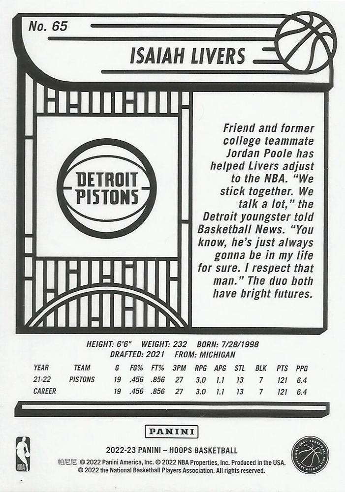 2022 Panini Hoops Isaiah Livers #65 Detroit Pistons