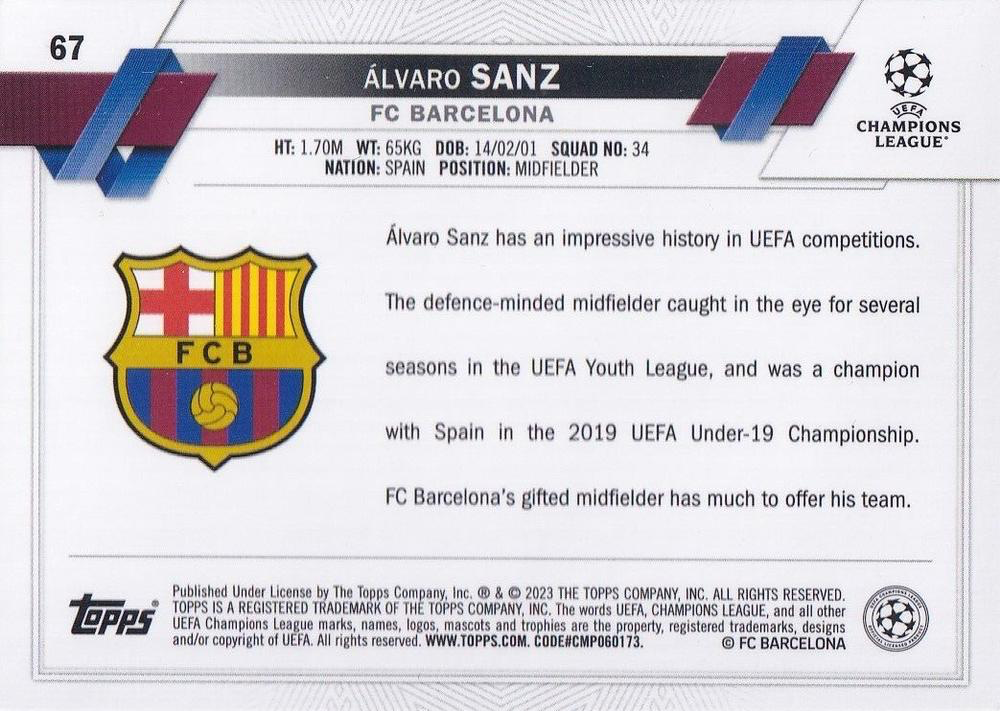 2022 Topps Chrome UCC Álvaro Sanz RC #67 FC Barcelona
