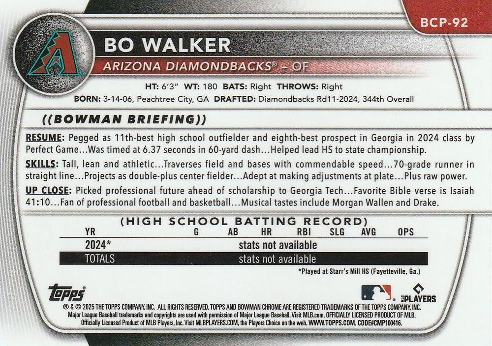 2025 Topps Bowman Chrome Prospect Bo Walker 1st #BCP-92 Arizona Diamondbacks
