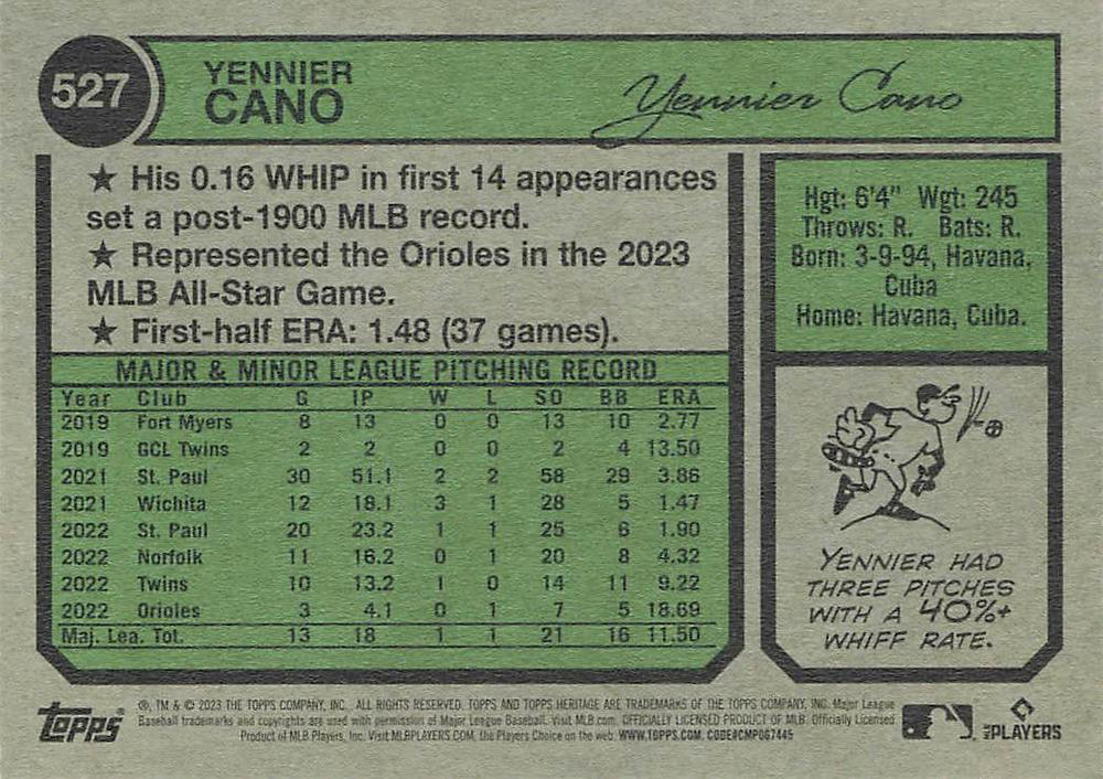2023 Topps Heritage Yennier Cano RC Baltimore Orioles #527