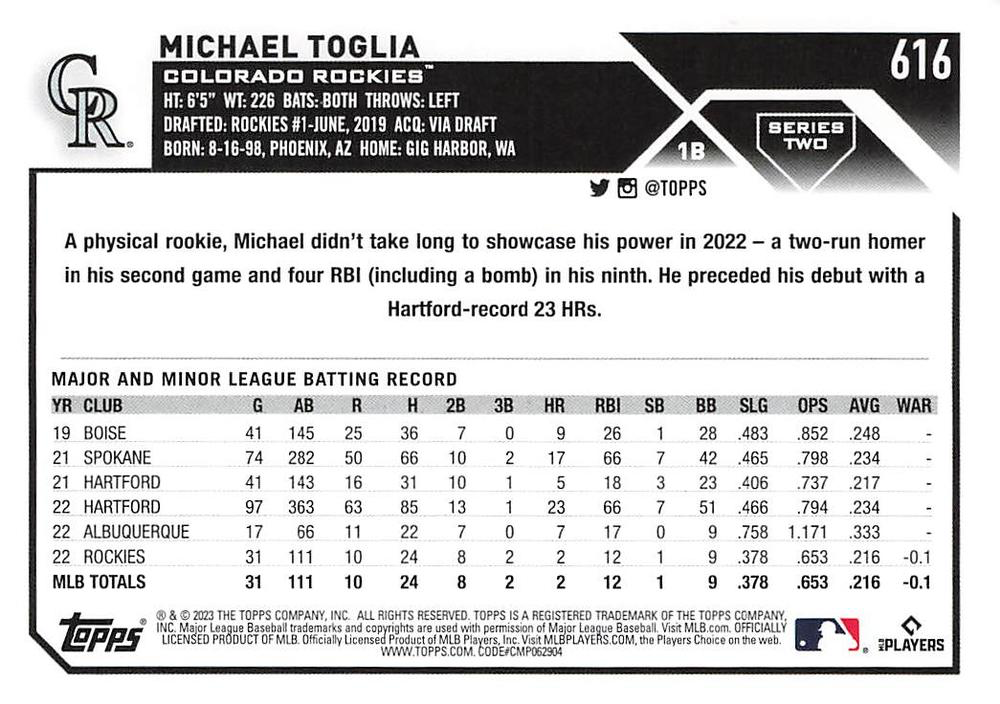 2023 Topps Series 2 Michael Toglia RC Colorado Rockies #616