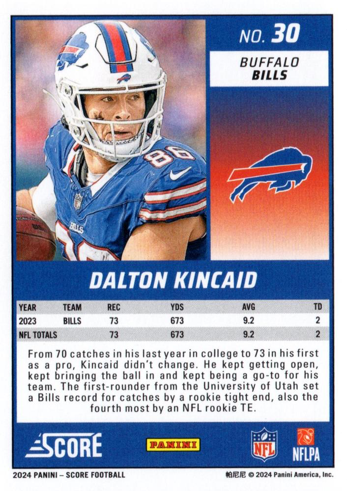 2024 Panini Score Football Dalton Kincaid Buffalo Bills #30