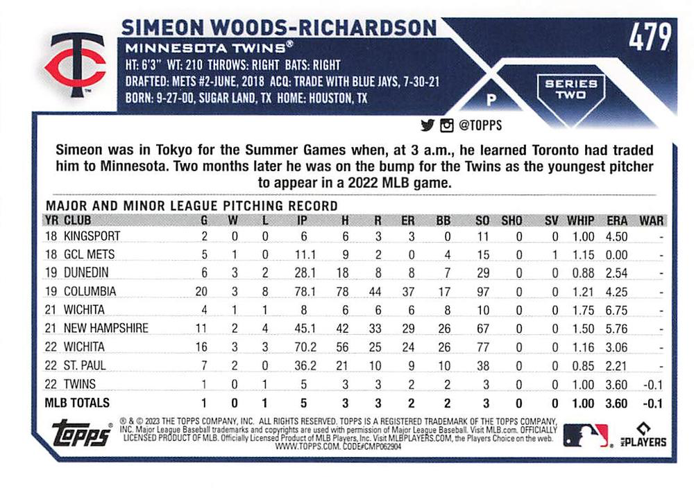 2023 Topps Series 2 Simeon Woods Richardson RC Minnesota Twins #479