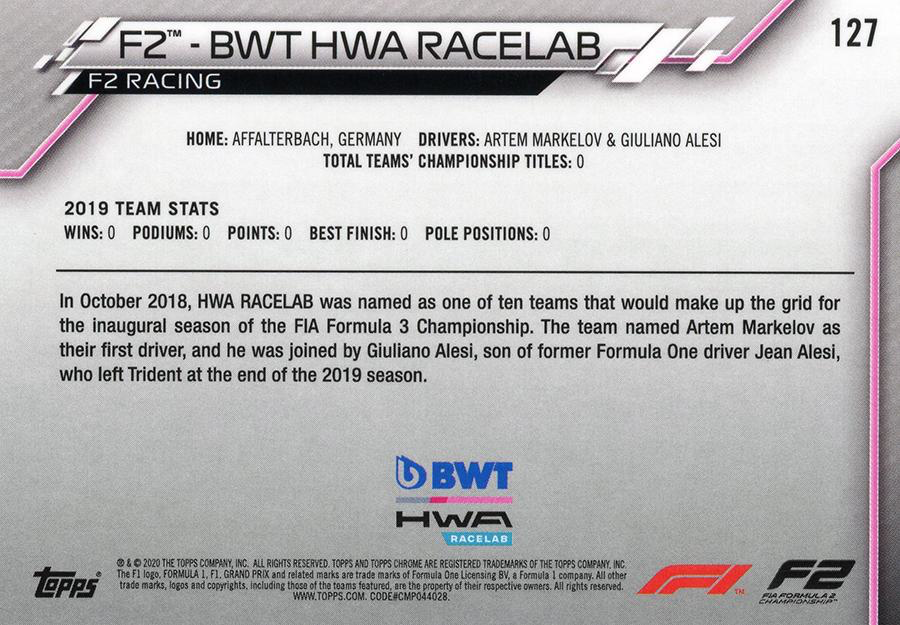 2020 Topps Chrome Formula 1 F2 - BWT HWA Racelab TC #127 F2