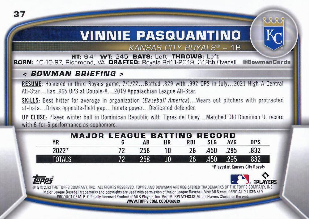 2023 Topps Bowman Vinnie Pasquantino RC Kansas City Royals #37