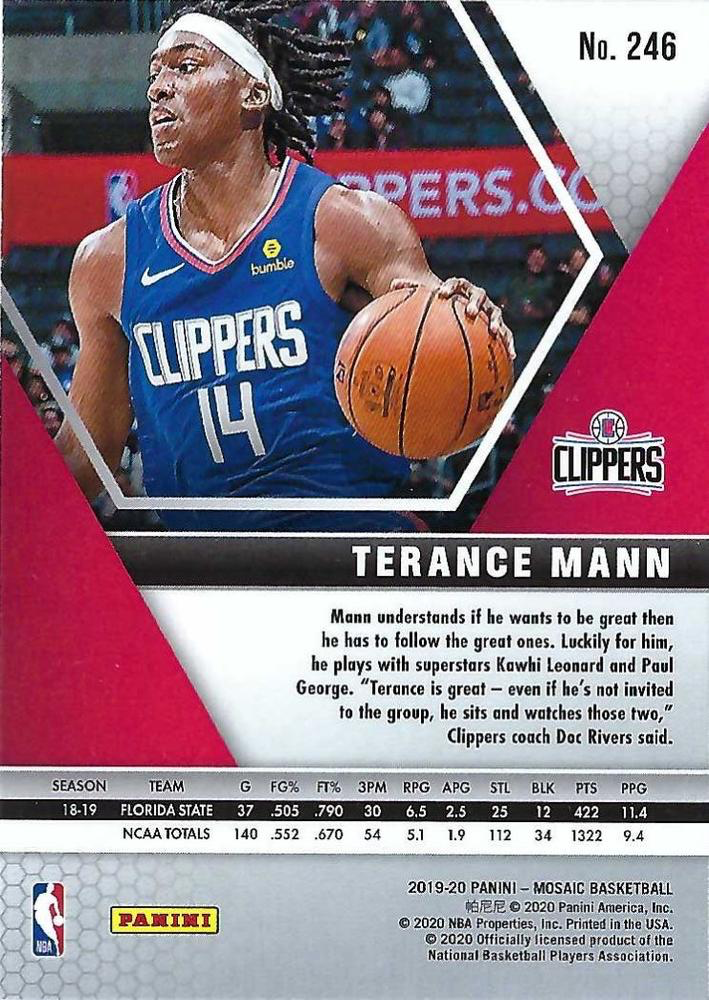 2019 Panini Mosaic Terance Mann RC #246 Los Angeles Clippers