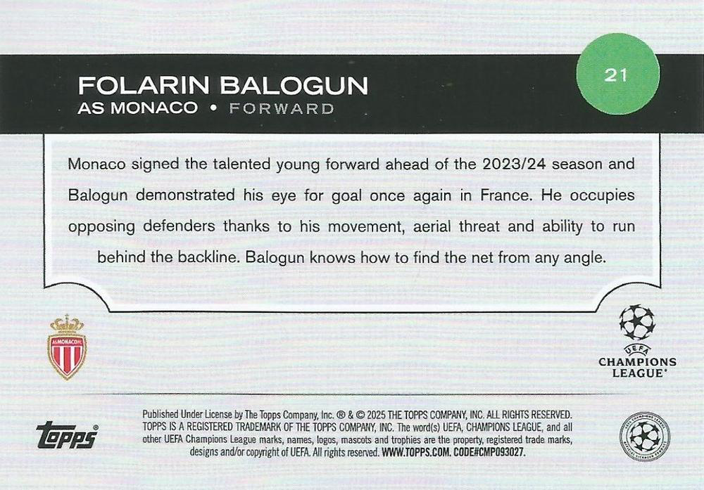 2024 Topps UCC Folarin Balogun #21 AS Monaco
