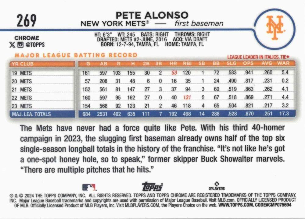 2024 Topps Chrome Pete Alonso New York Mets #269